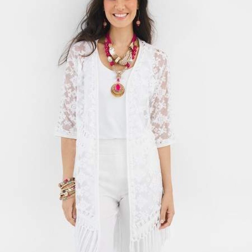Chico's Boho Style Crochet Lace Fringe Duster